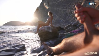 DICK FLASH on a nudist seashore: Stranger caught me jerking off and helped me cum